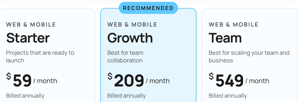 Bubble有料プランの料金表示(Starter $29/月、Growth $119/月、Team $549/月)